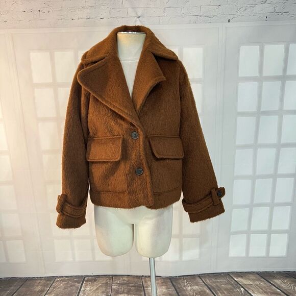 A New Day Brown Two Button Spread Collar Lined Furry Jacket Size Small - Picture 2 of 11